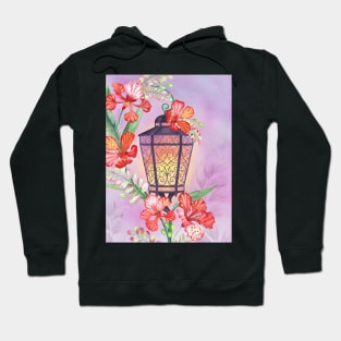 Old streetlight with tropical flowers decoration. Fairy spring garden watercolor illustration. Enchanted romantic scenery Hoodie